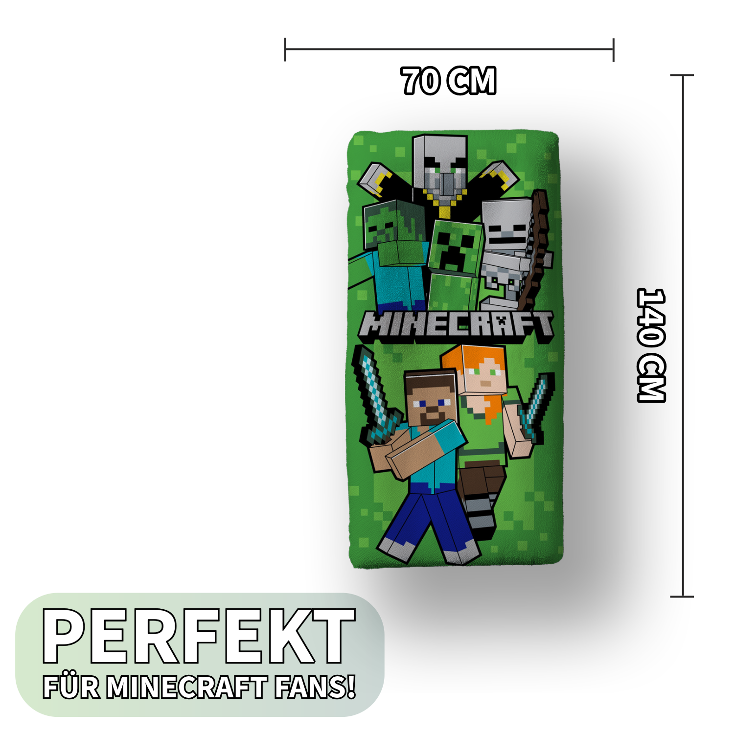 Maße von Minecraft Steve und Mobs Duschtuch Badetuch Strandtuch 70 x 140cm
