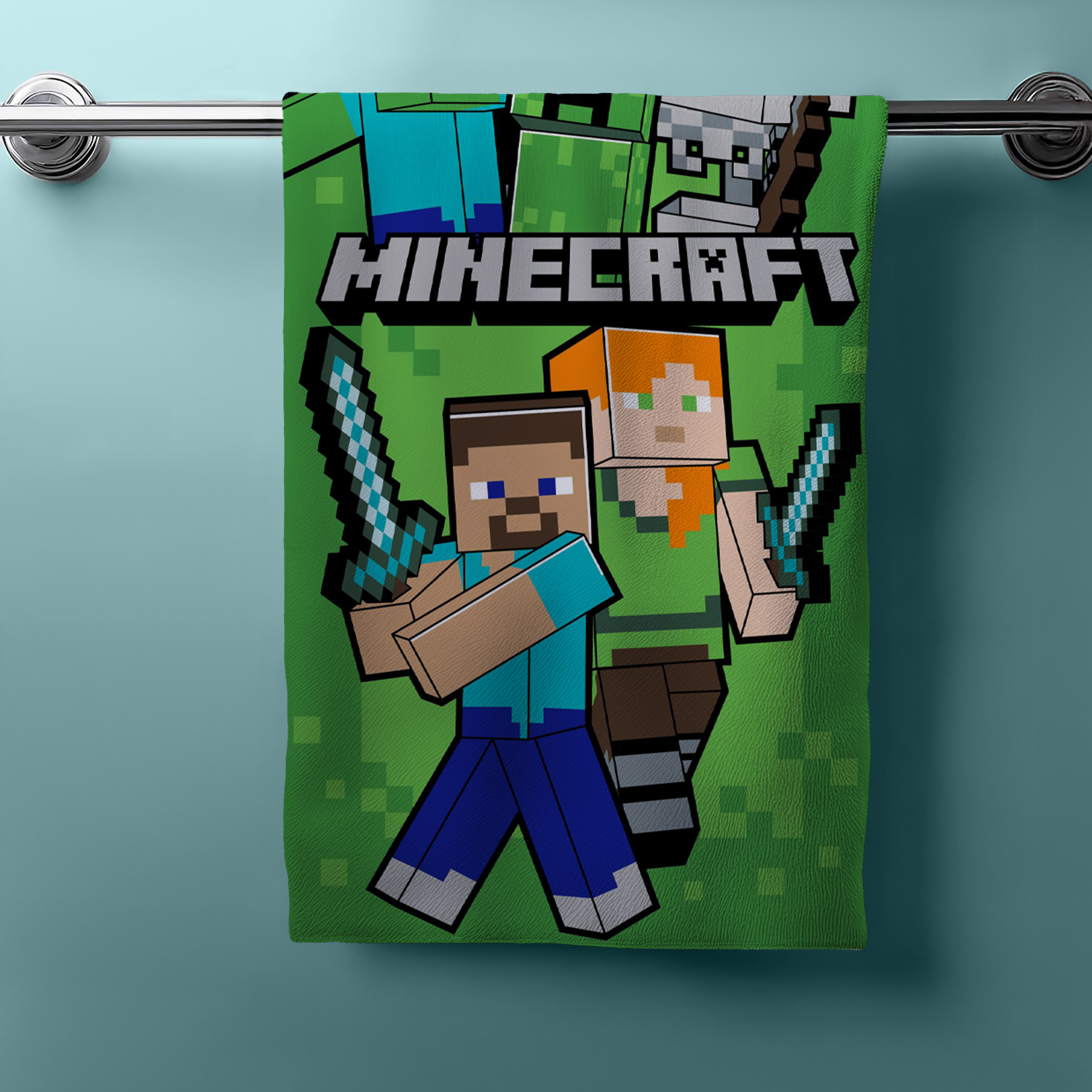 Minecraft Steve und Mobs Duschtuch Badetuch Strandtuch 70 x 140cm hängt am Handtuchhalter