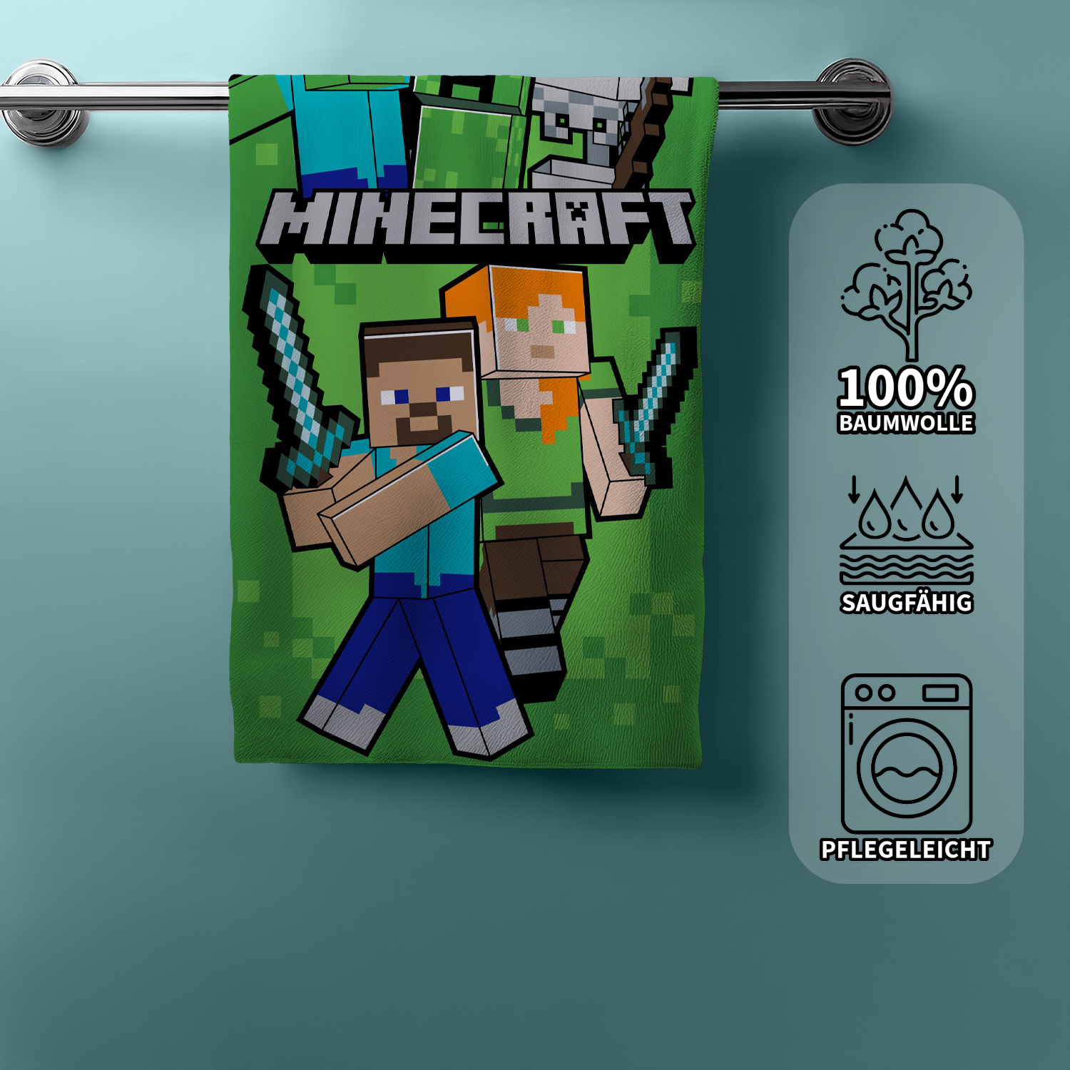 Minecraft Steve und Mobs Duschtuch Badetuch Strandtuch 70 x 140cm hängt am Handtuchhalter mit Produkteigenschaften
