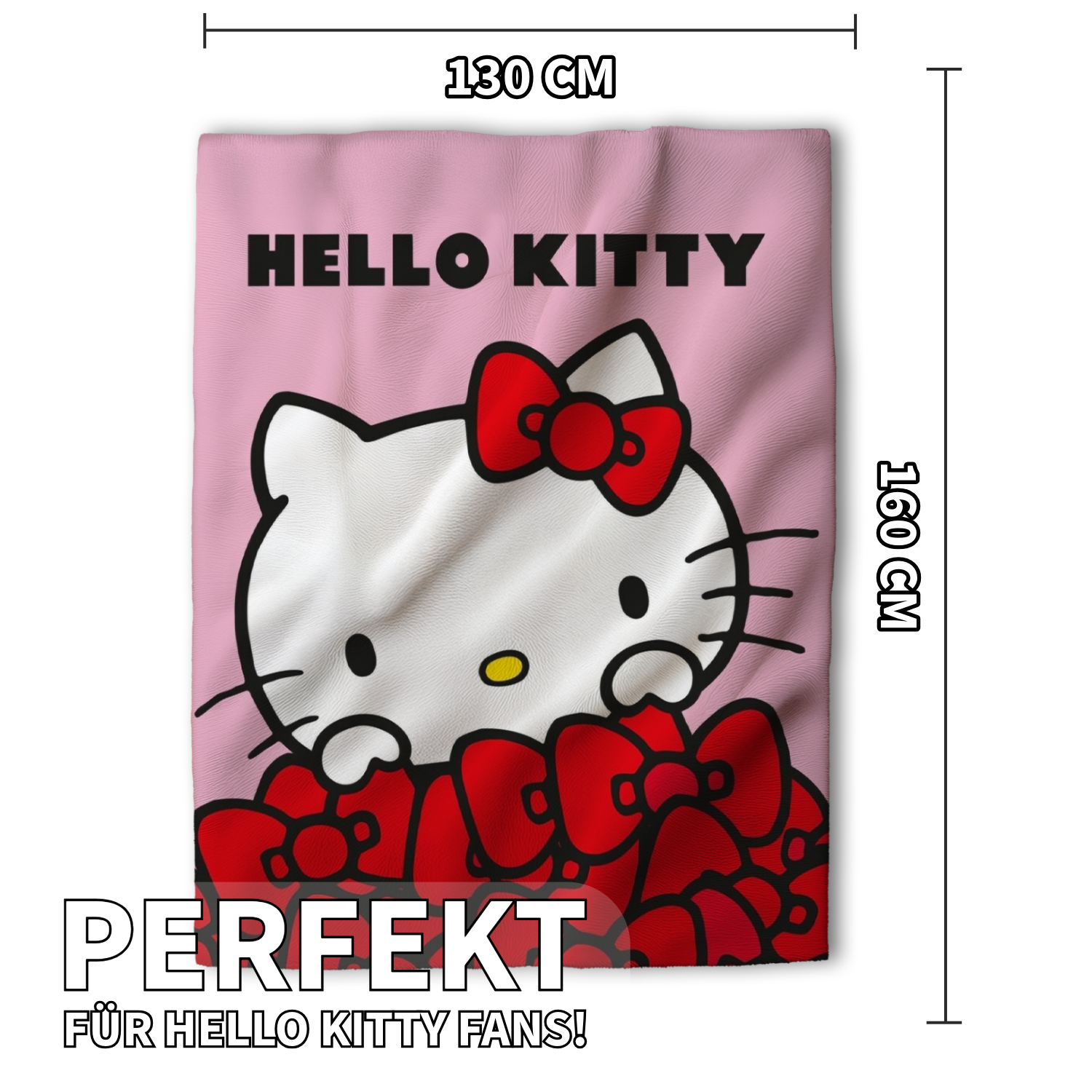 Hello Kitty Wohndecke Flauschdecke Kuscheldecke 130 x 160 cm mit Maßangaben