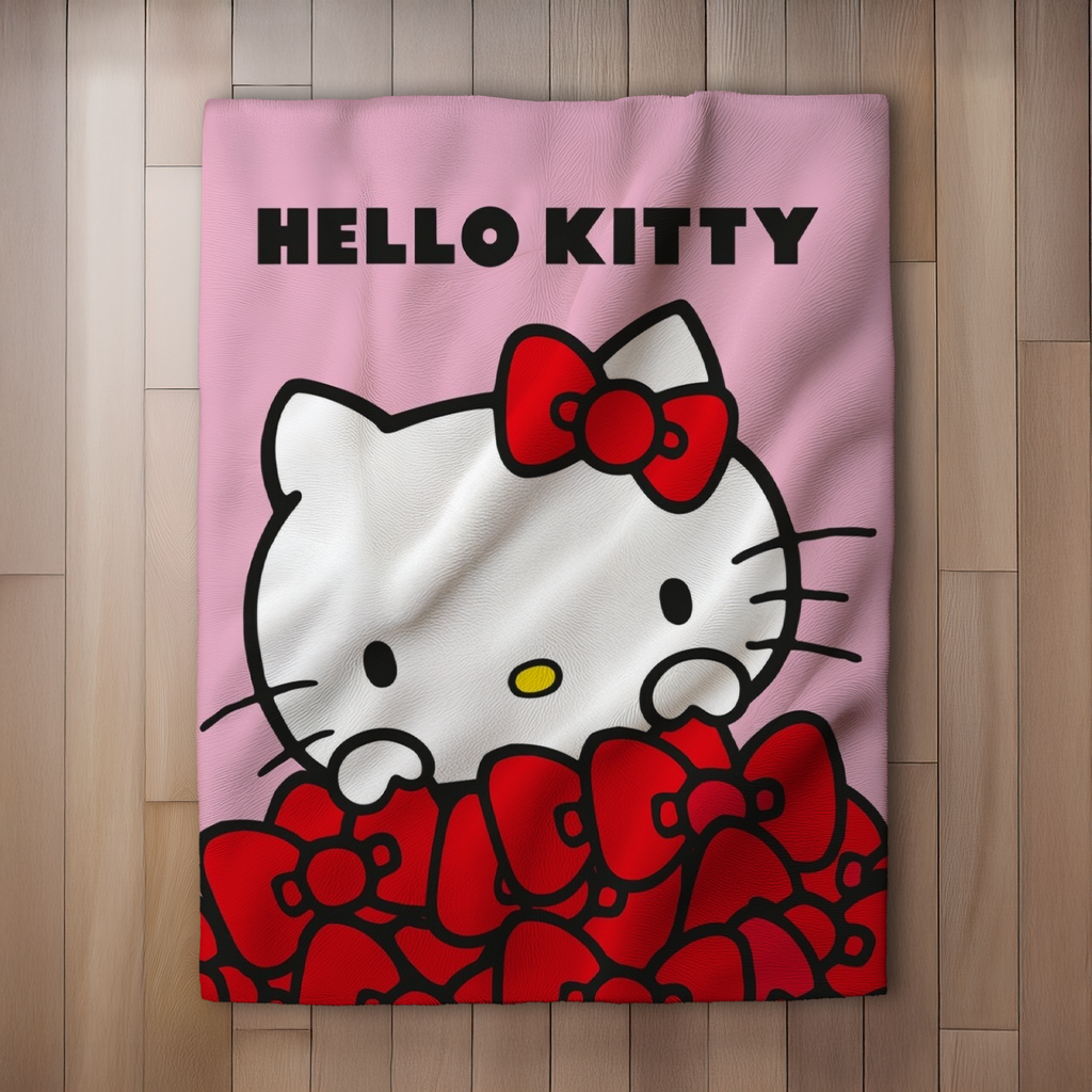 Hello Kitty Wohndecke Flauschdecke Kuscheldecke 130 x 160 cm auf einem Holzboden