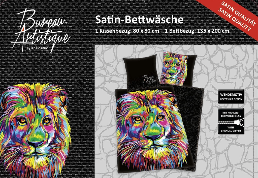 Vorderseite von der Produktverpackung vom Mako Satin Bettwäsche Set Bureau Artistique Löwe 135x200 cm Baumwolle