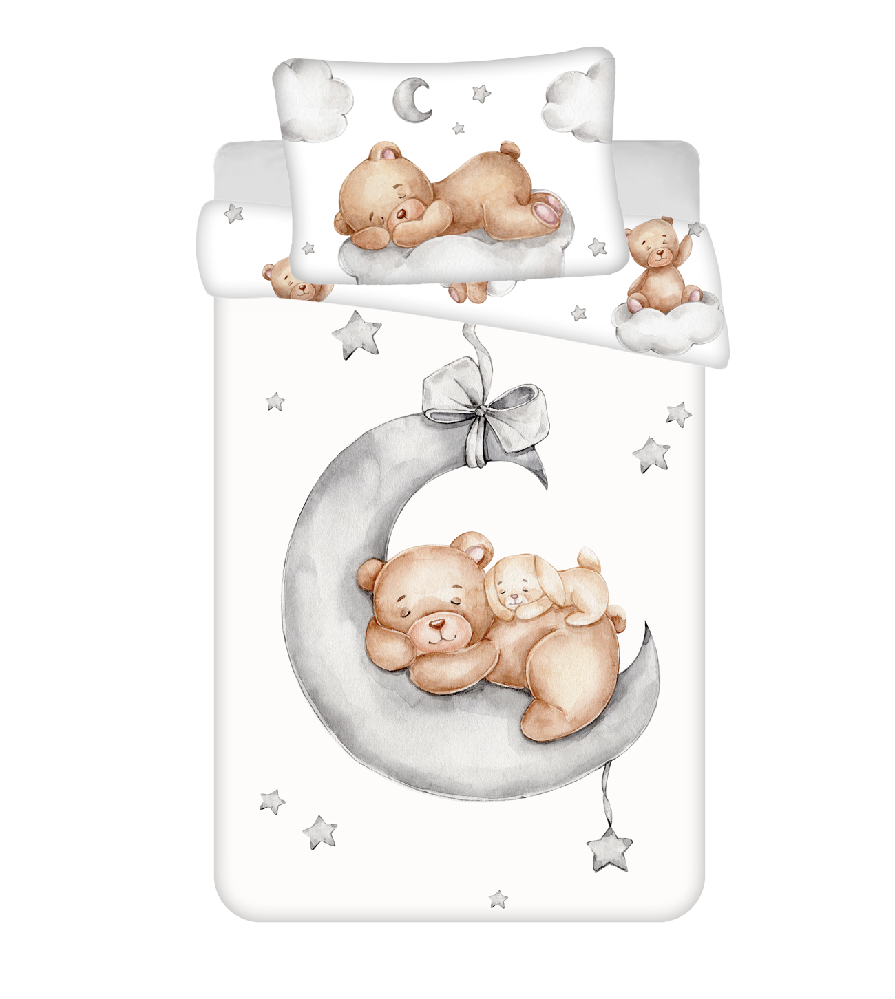 Babybettwäsche Set Teddy im Mond „Ribbon“ 100x135 cm 100% Baumwolle Vorderseite vom Motiv