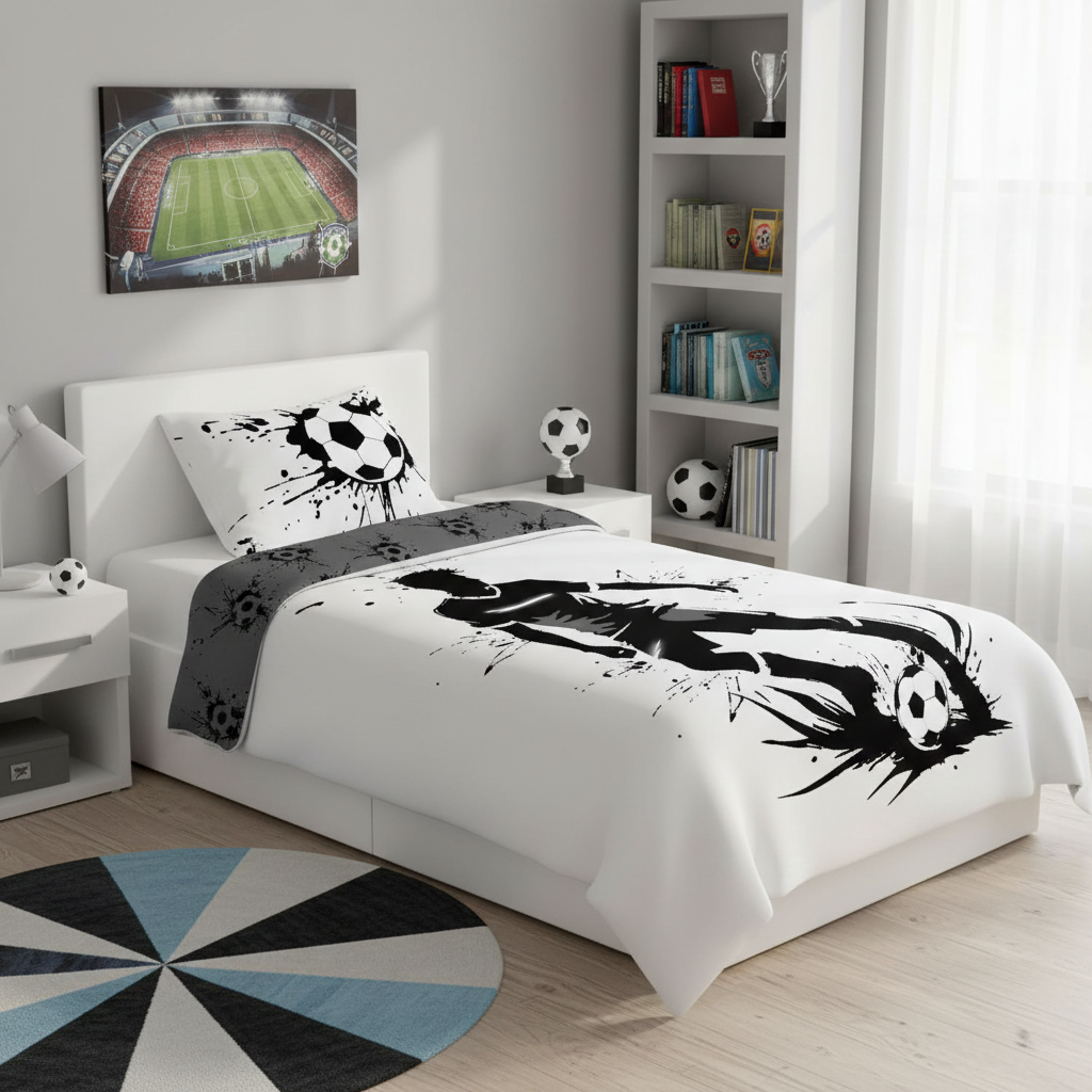 Bettwäsche Fußball Spieler Schwarz Weiß 135 x 200 cm, 100 % Baumwolle aufgezogen auf einem Bett. Fußballdekoration in einem hellen Jugendzimmer.