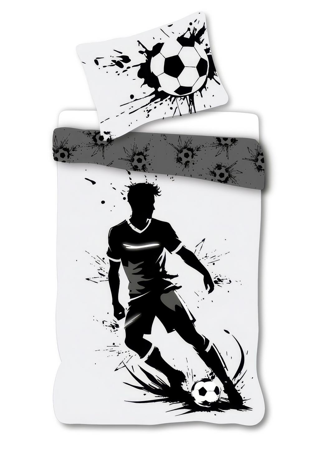 Detailaufnahme Bettwäsche Fußball Spieler Schwarz Weiß 135 x 200 cm, 100 % Baumwolle. Vorderseite und ein Teil der Rückseite.