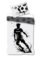 Detailaufnahme Bettwäsche Fußball Spieler Schwarz Weiß 135 x 200 cm, 100 % Baumwolle. Vorderseite und ein Teil der Rückseite.