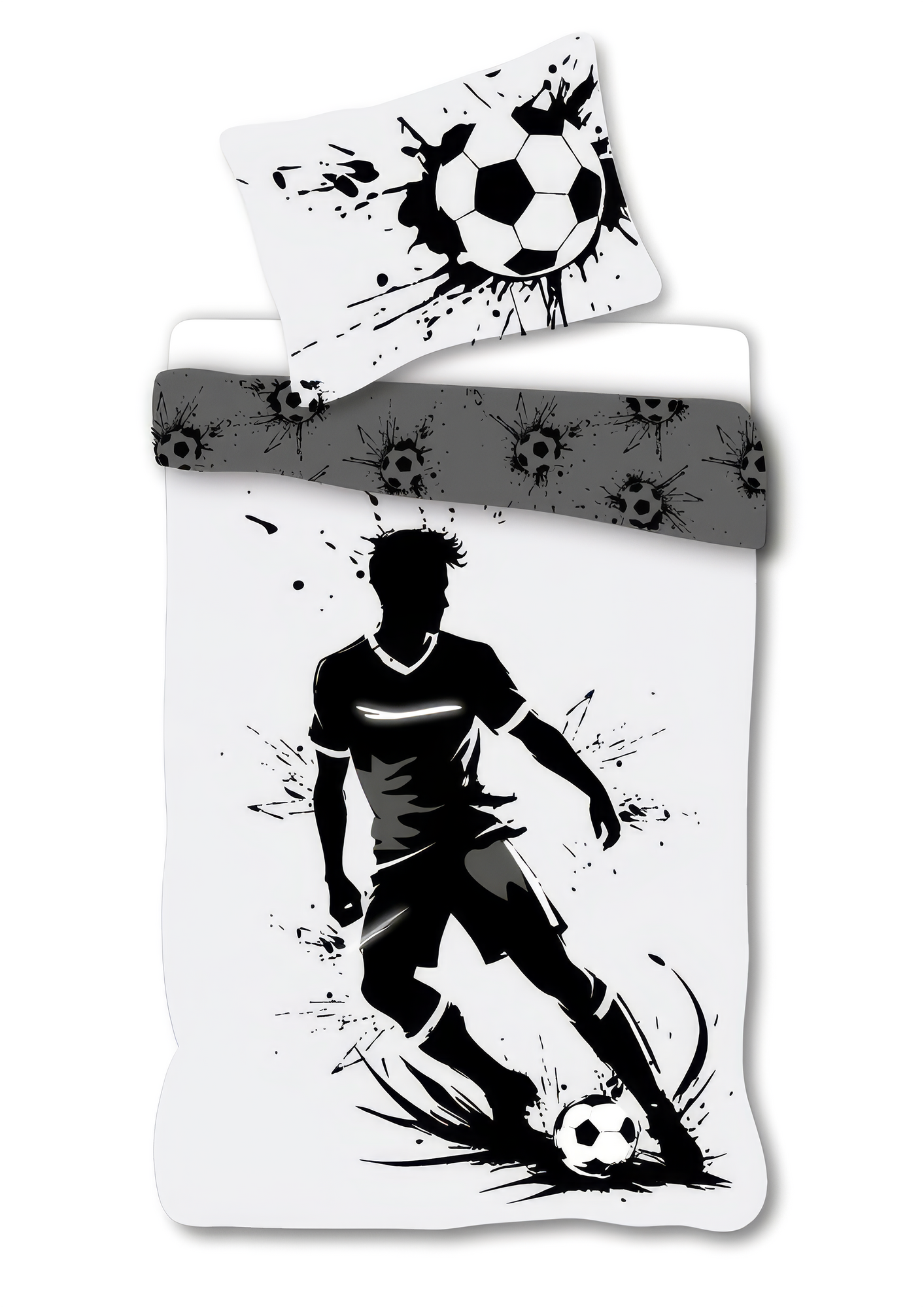 Detailaufnahme Bettwäsche Fußball Spieler Schwarz Weiß 135 x 200 cm, 100 % Baumwolle. Vorderseite und ein Teil der Rückseite.