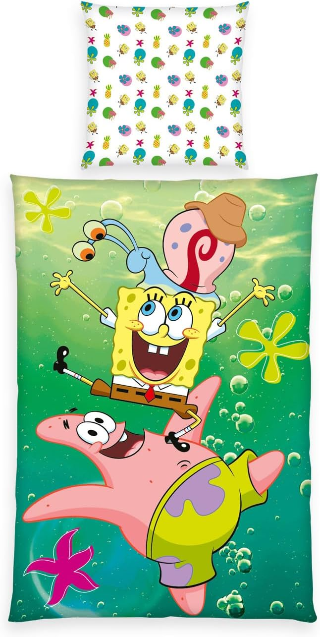 SpongeBob Wende Bettwäsche Set 2 tlg. 135x200 cm 80x80cm Baumwolle
