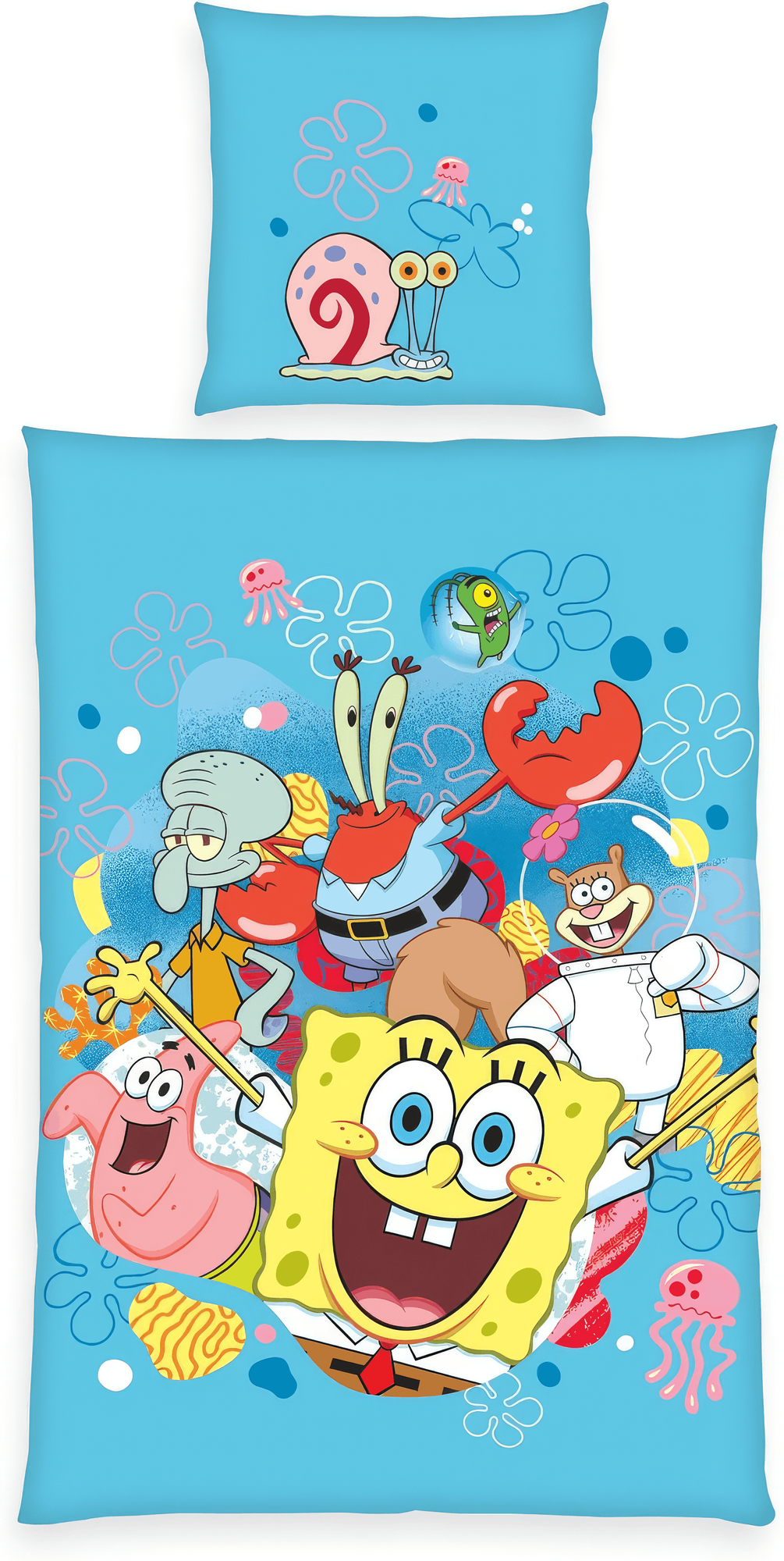 Freigestellte Produktansicht von der Vorderseite vom SpongeBob Wende Bettwäsche Set 2 tlg. 135x200 cm 80x80cm Baumwolle