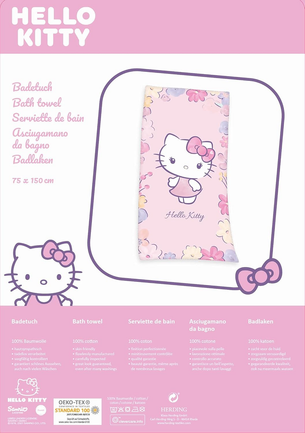 Hello Kitty Velourstuch Badetuch Strandtuch 75 x 150 cm Baumwolle