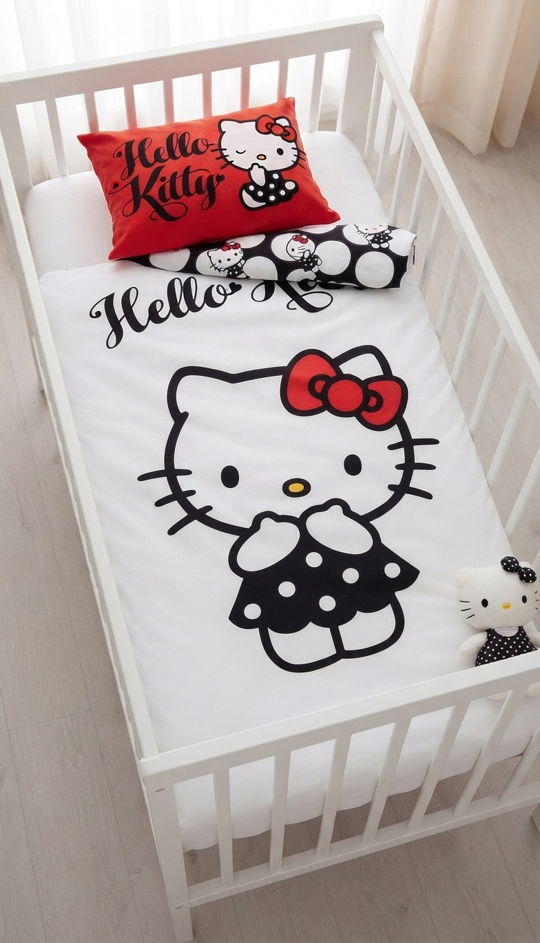 Schräge Ansicht auf ein Babybett von oben auf Hello Kitty Baby Bettwäsche Set 100x135 cm / 40x60 cm 100% Baumwolle