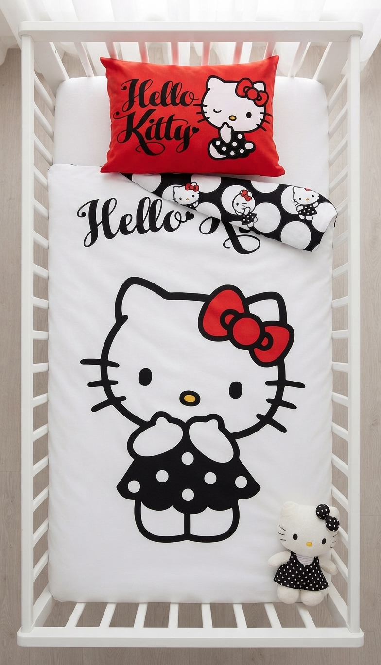 Ansicht auf ein Babybett von oben auf Hello Kitty Baby Bettwäsche Set 100x135 cm / 40x60 cm 100% Baumwolle