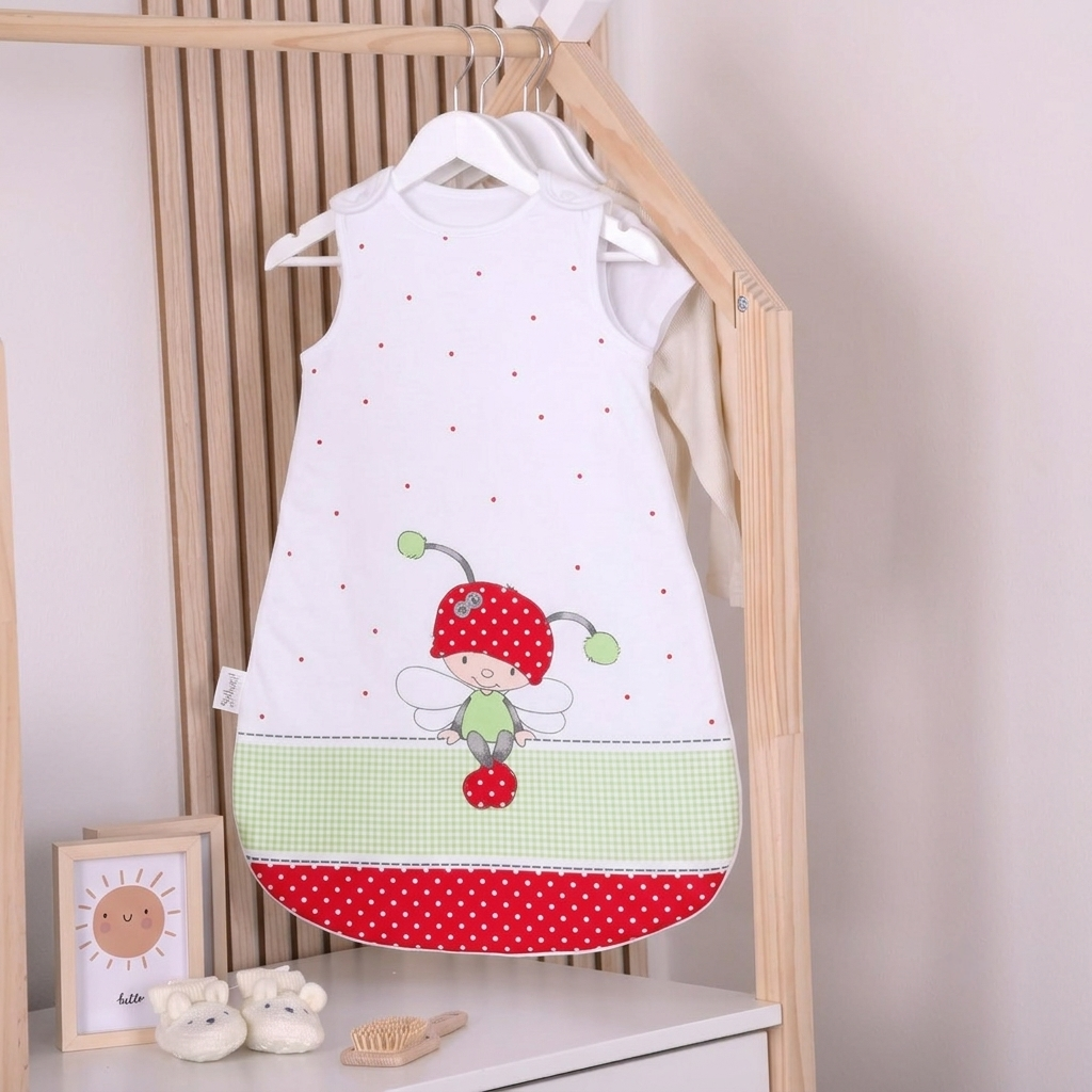 Weißer Ganzjahres-Babyschlafsack mit niedlichem Käferchen-Motiv, aufgehängt an einer hölzernen Kleiderstange. Die liebevolle Dekoration auf der Kommode zeigt kleine Babyschuhe, eine Bürste und ein gerahmtes Sonnen-Bild.