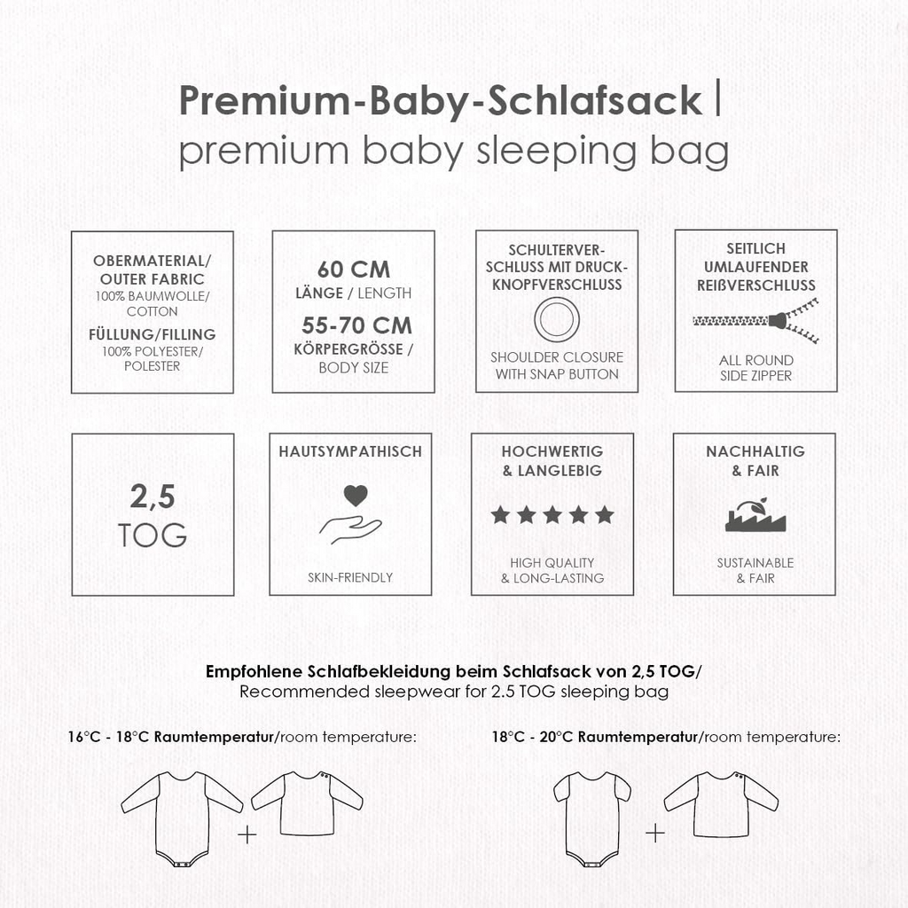 Produkteigenschaften und Warnhinweise des Schlafsacks 60 cm Länge