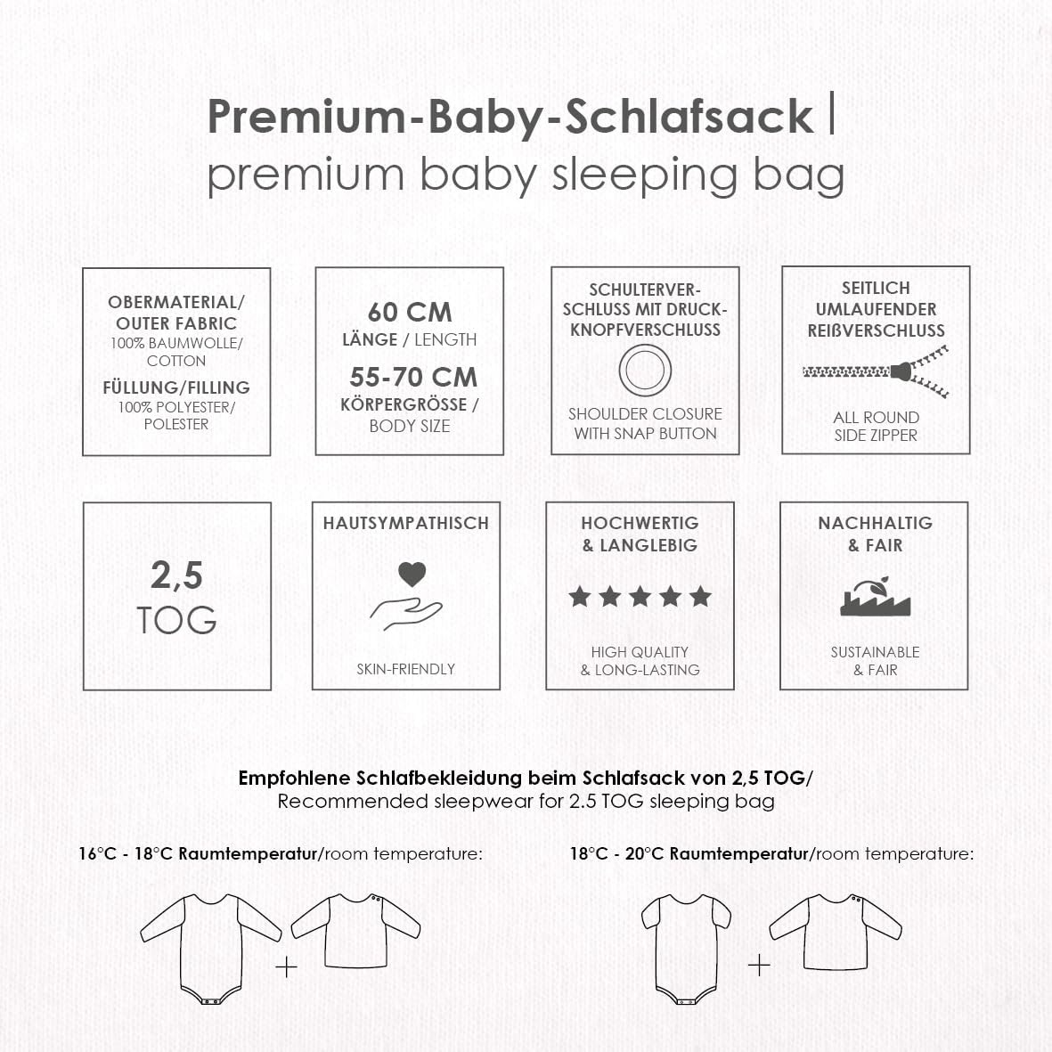 Produkteigenschaften und Warnhinweise des Schlafsacks 60 cm Länge