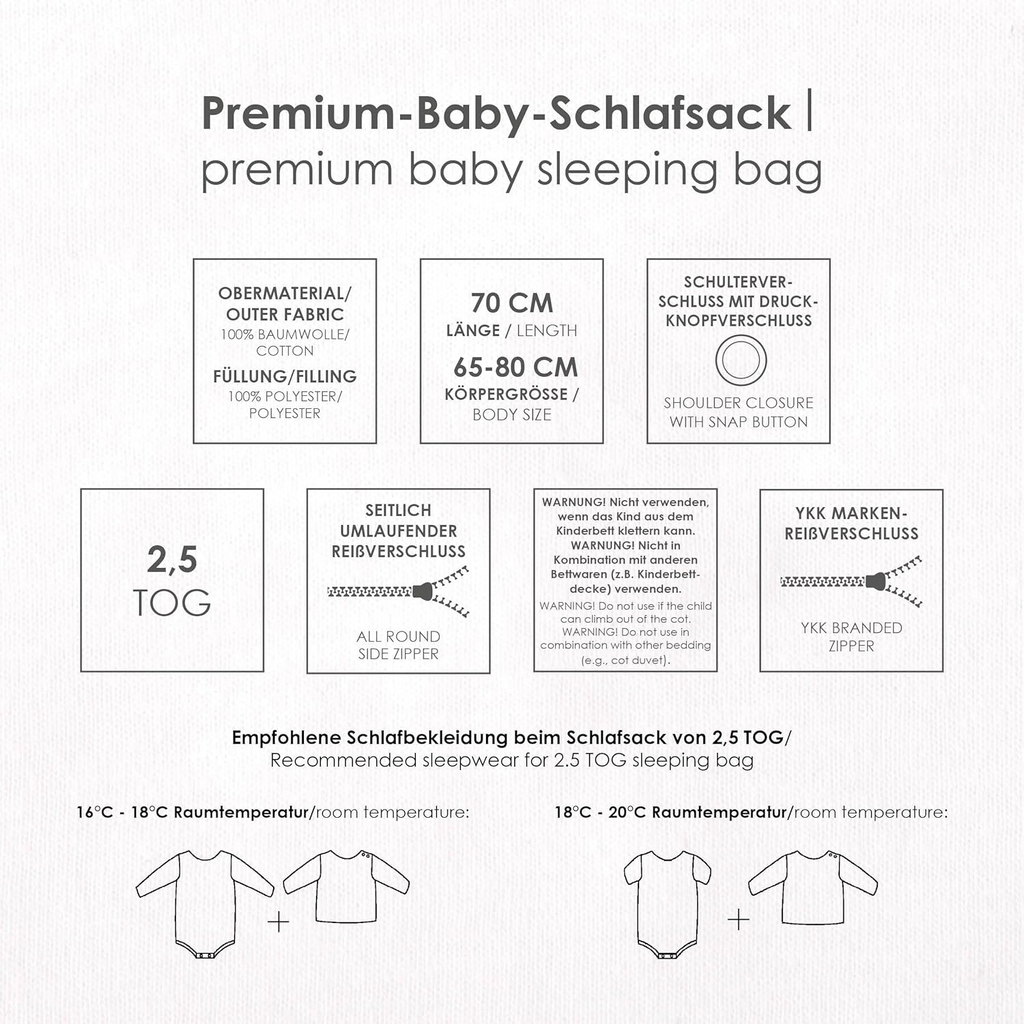 Produkteigenschaften und Warnhinweise des Schlafsacks 70 cm Länge