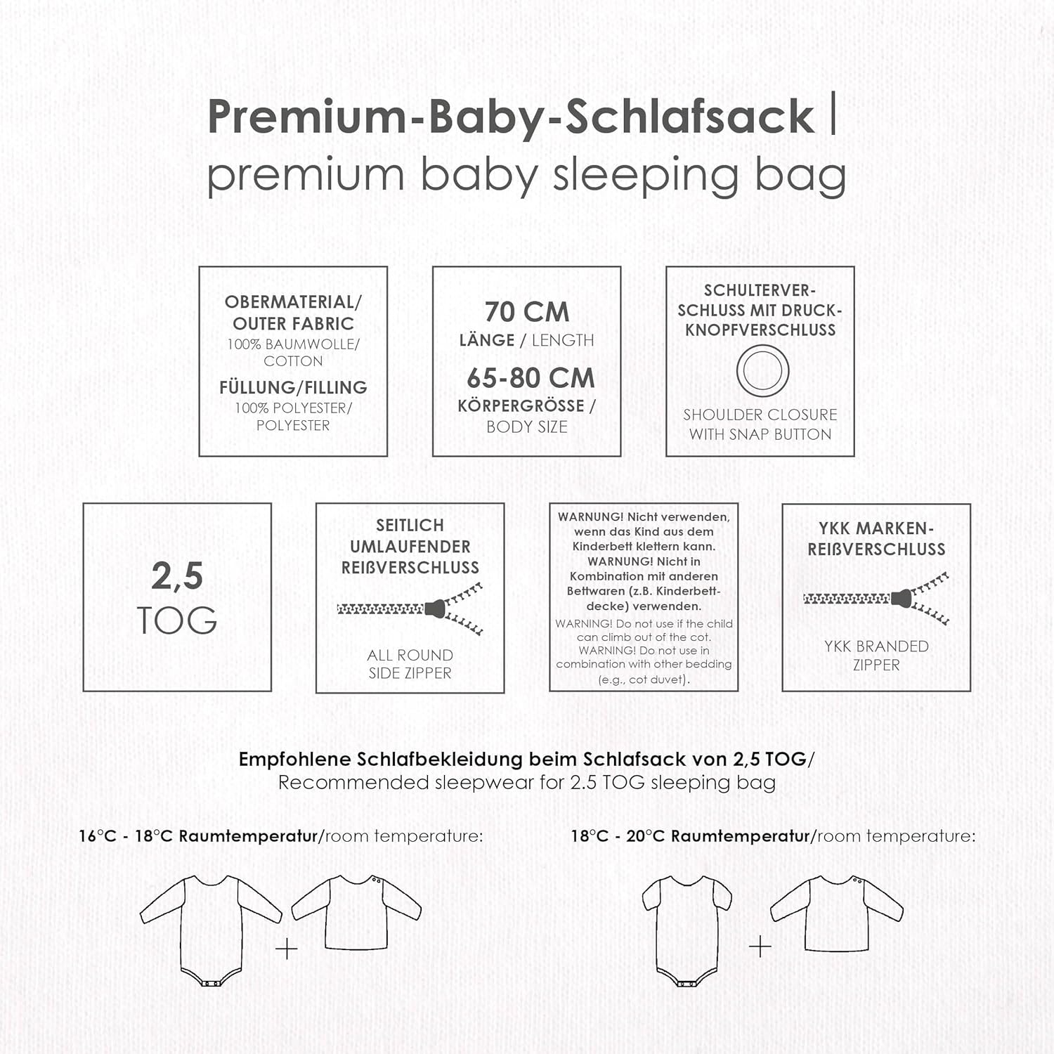 Produkteigenschaften und Warnhinweise des Schlafsacks 70 cm Länge