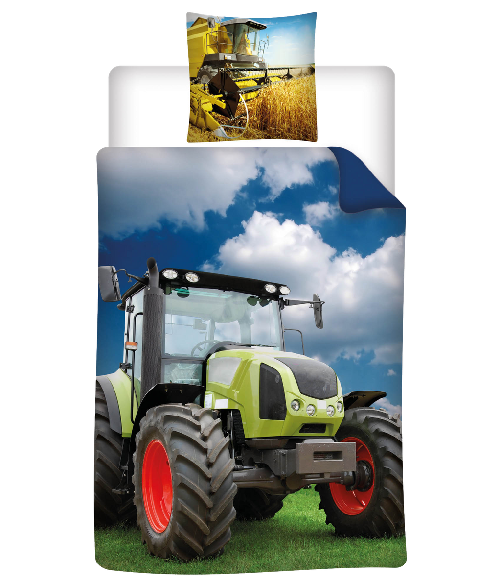 Der Bettbezug zeigt einen hellgrünen Traktor im Einsatz, während der Kopfkissenbezu einen gelben Mähdrescher bei der Getreideernte zeigt