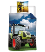 Der Bettbezug zeigt einen hellgrünen Traktor im Einsatz, während der Kopfkissenbezu einen gelben Mähdrescher bei der Getreideernte zeigt