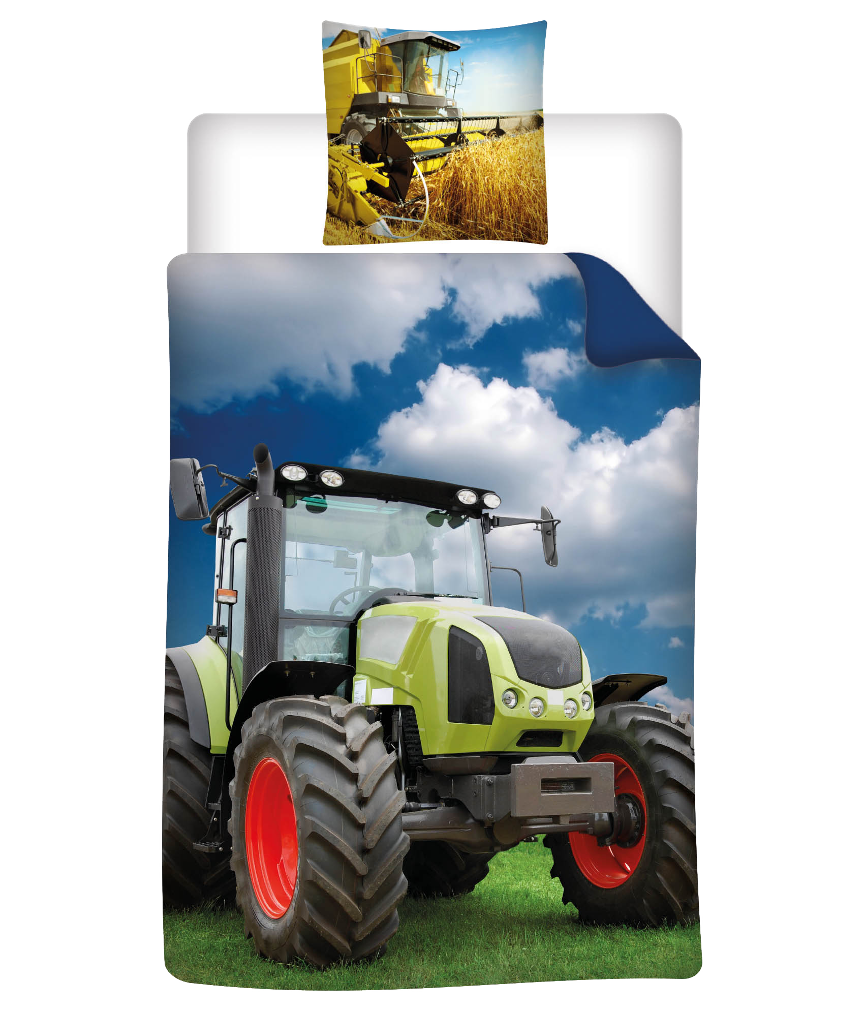 Der Bettbezug zeigt einen hellgrünen Traktor im Einsatz, während der Kopfkissenbezu einen gelben Mähdrescher bei der Getreideernte zeigt