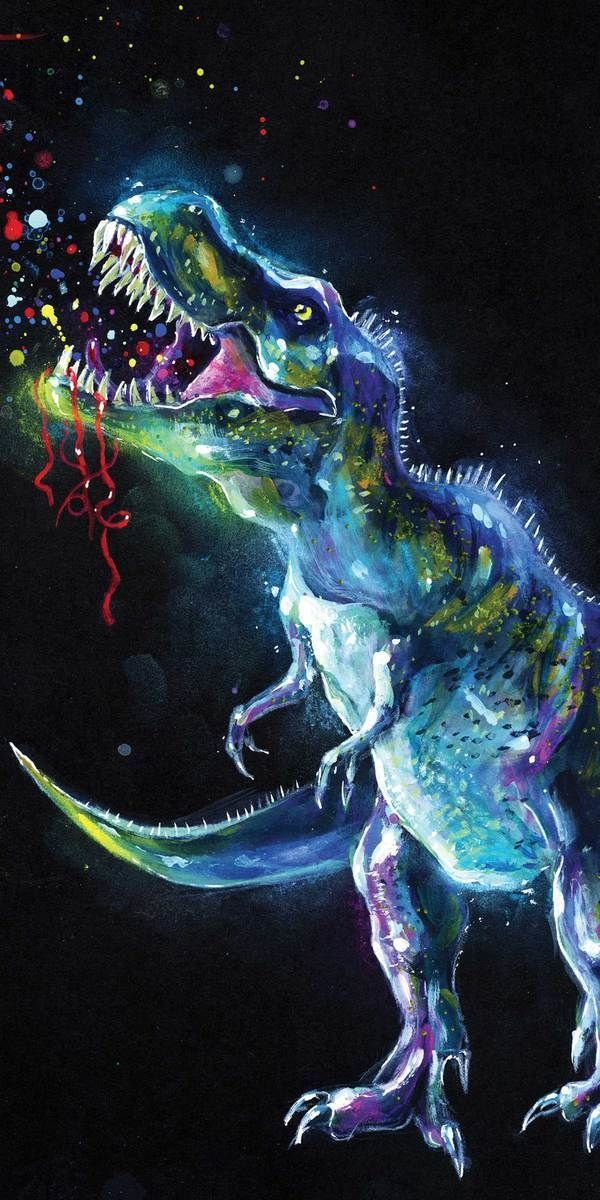 Das künstlerisch gestaltete Motiv zeigt einen majestätischen T-Rex in einer dynamischen Pose vor dunklem Hintergrund