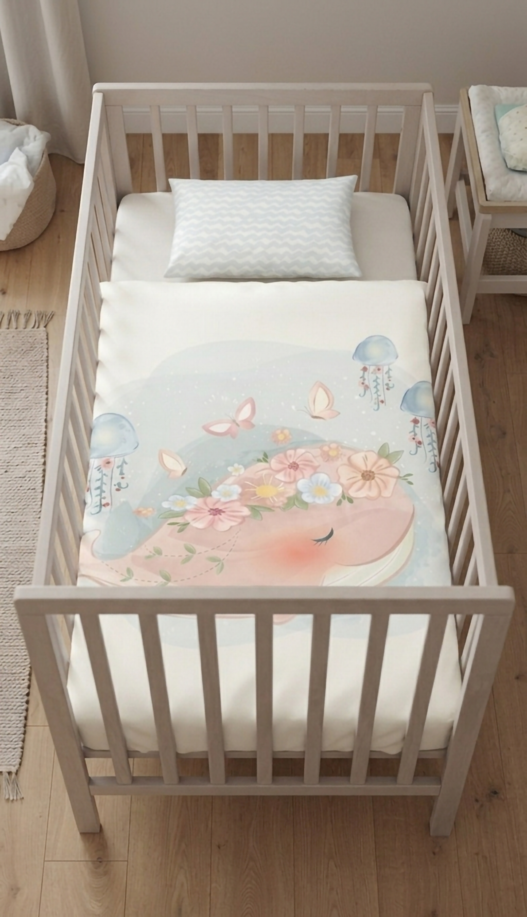 Herding Baby Bettwäsche Wal Qualle rosa 2 tlg 100 x 135 cm Baumwolle in einem Babybett dargestellt