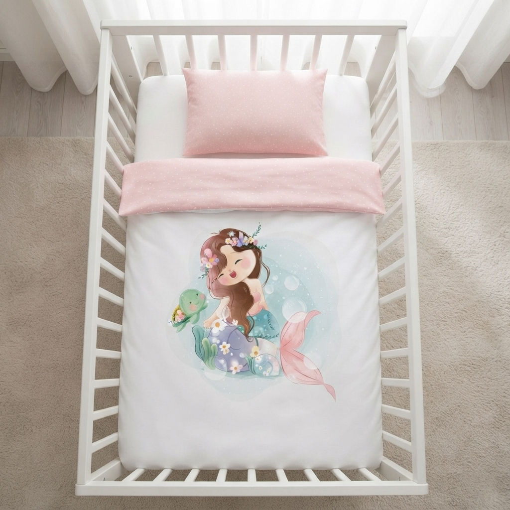 Herding Baby Bettwäsche Meerjungfrau rosa 2 tlg 100 x 135 cm Baumwolle in einem Babybett dargestellt