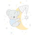 Koala an Sichelmond mit Schlafmütze und Sternen