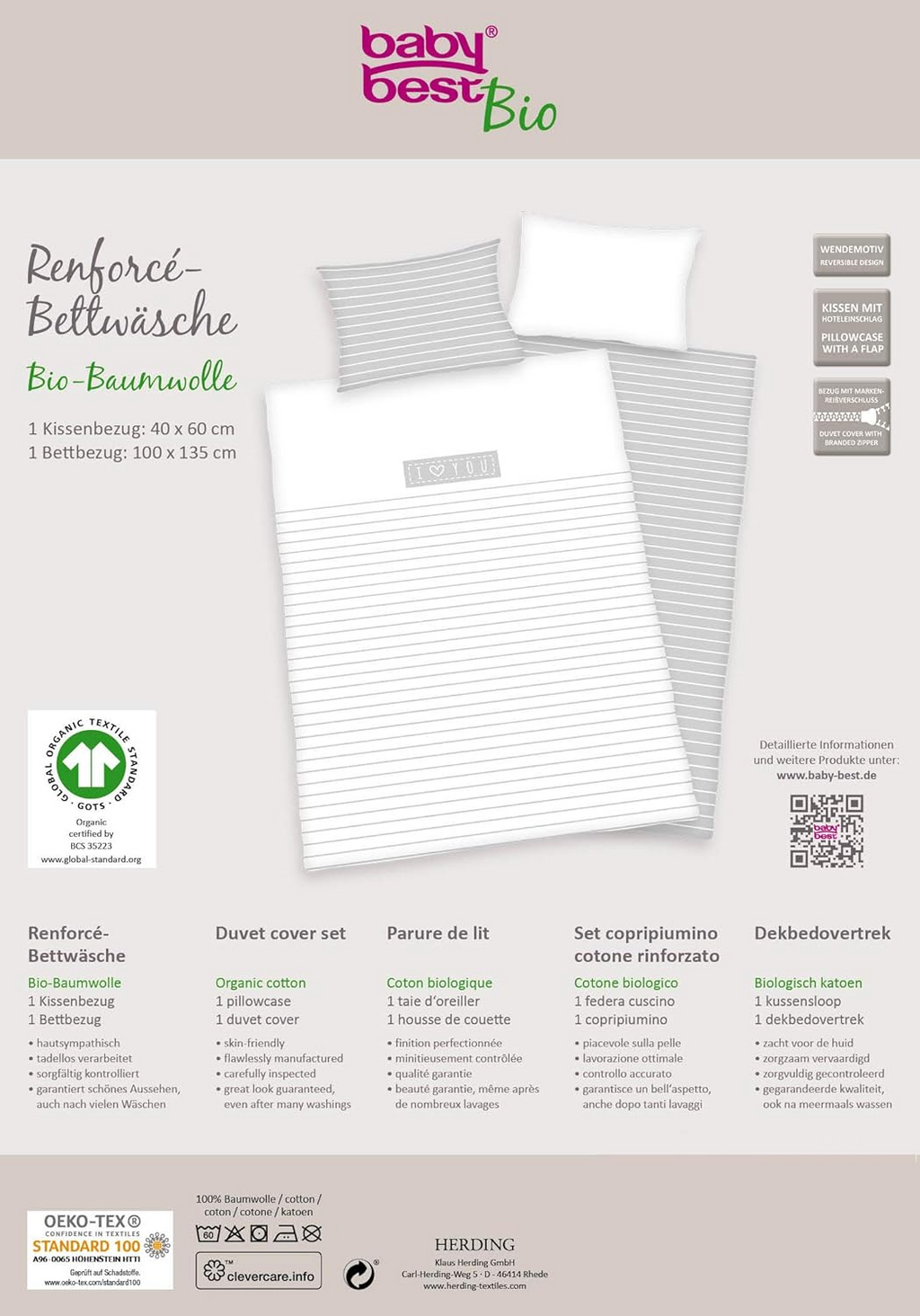 Herding I Love You Baby Bio-Bettwäsche 2 tlg 100 x 135 cm Baumwolle Rückseite der Verpackung