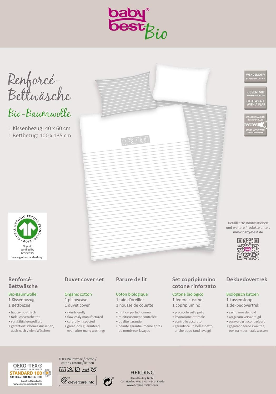 Herding I Love You Baby Bio-Bettwäsche 2 tlg 100 x 135 cm Baumwolle Rückseite der Verpackung