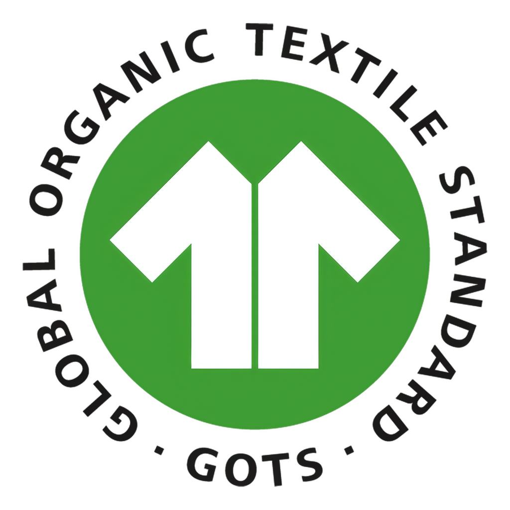 GOTS-Siegel (Global Organic Textile Standard) mit weißem Hemdensymbol auf grünem Kreis und dem Schriftzug "Global Organic Textile Standard" im runden Rand.