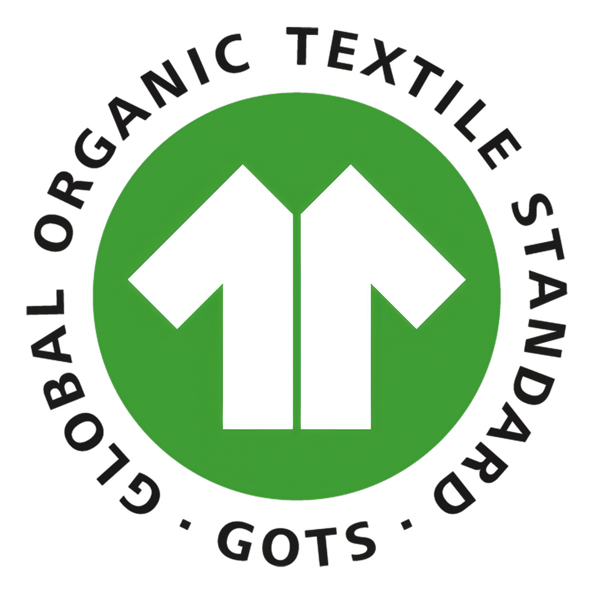 GOTS-Siegel (Global Organic Textile Standard) mit weißem Hemdensymbol auf grünem Kreis und dem Schriftzug "Global Organic Textile Standard" im runden Rand.