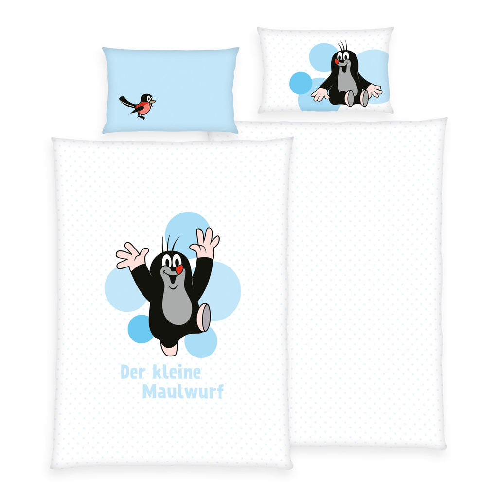 Herding Der kleine Maulwurf Baby Bettwäsche Set 100 x 135 cm Baumwolle blau-weiß Vorderseite und Rückseite Motiv