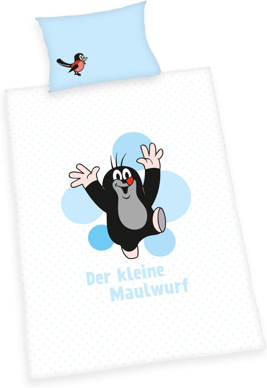 Herding Der kleine Maulwurf Baby Bettwäsche Set 100 x 135 cm Baumwolle blau-weiß Vorderseite Motiv