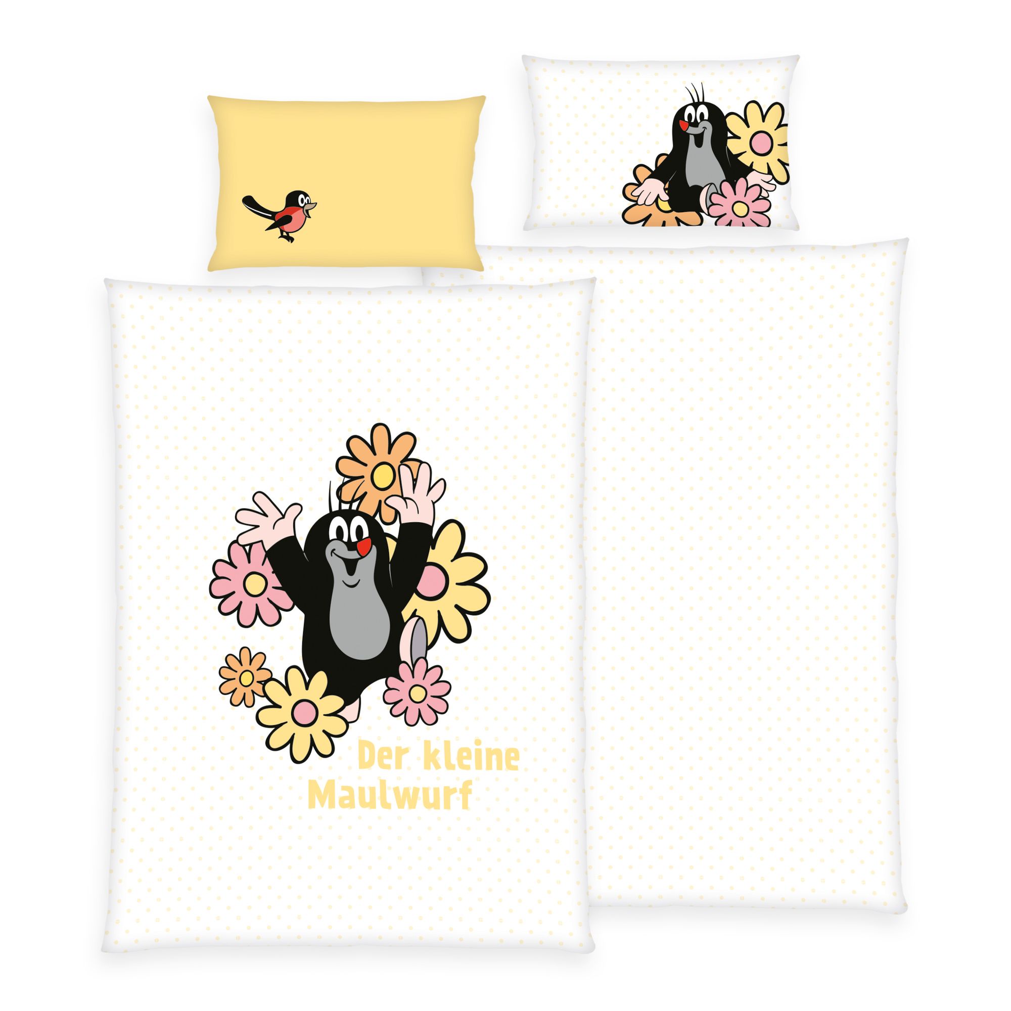 Herding Der kleine Maulwurf Baby Bettwäsche Set 100 x 135 cm Baumwolle gelb-weiß Vorderseite und Rückseite Motiv