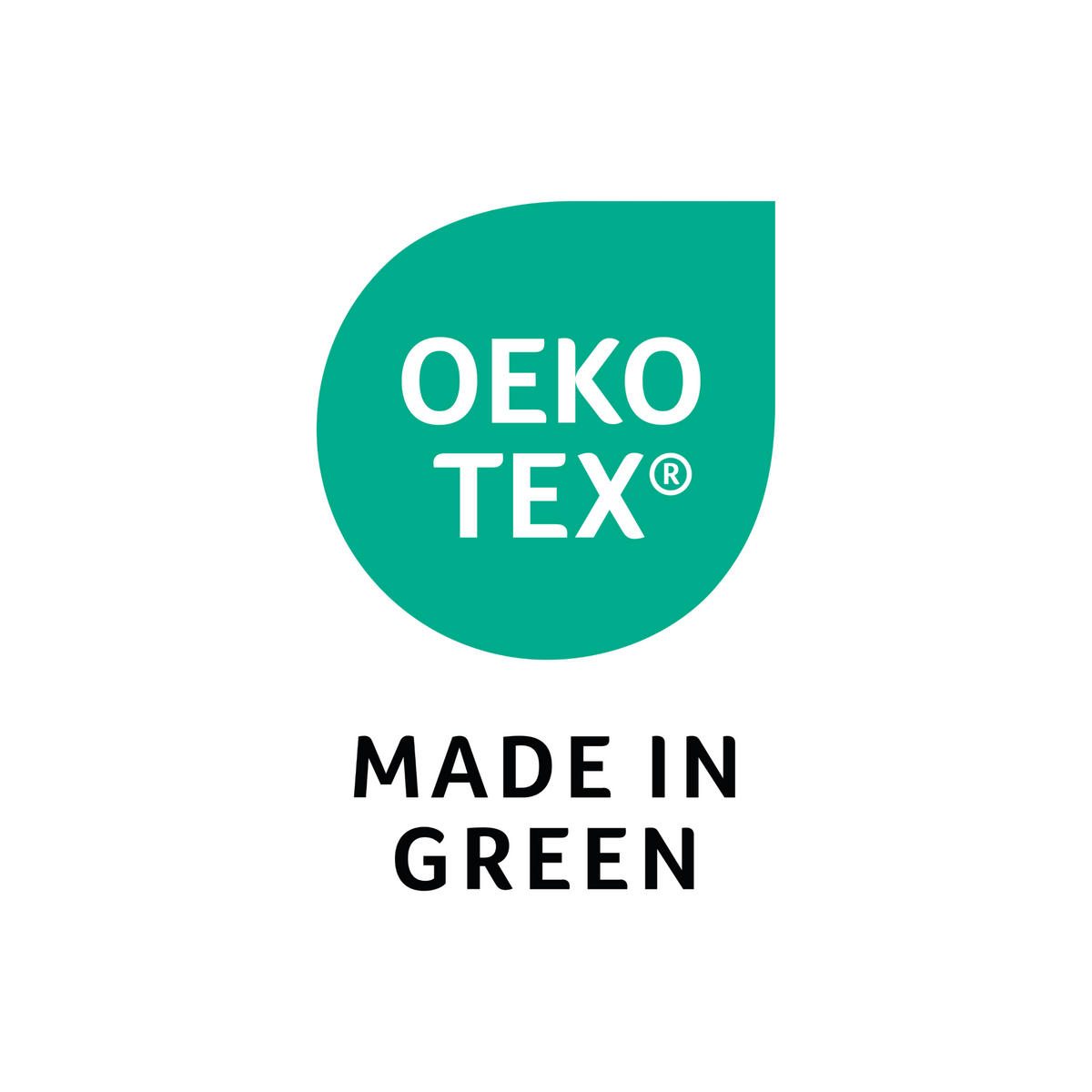 Das offizielle OEKO-TEX MADE IN GREEN Siegel mit grünem Tropfen-Logo und weißer Aufschrift sowie dem schwarzen Schriftzug „MADE IN GREEN“.