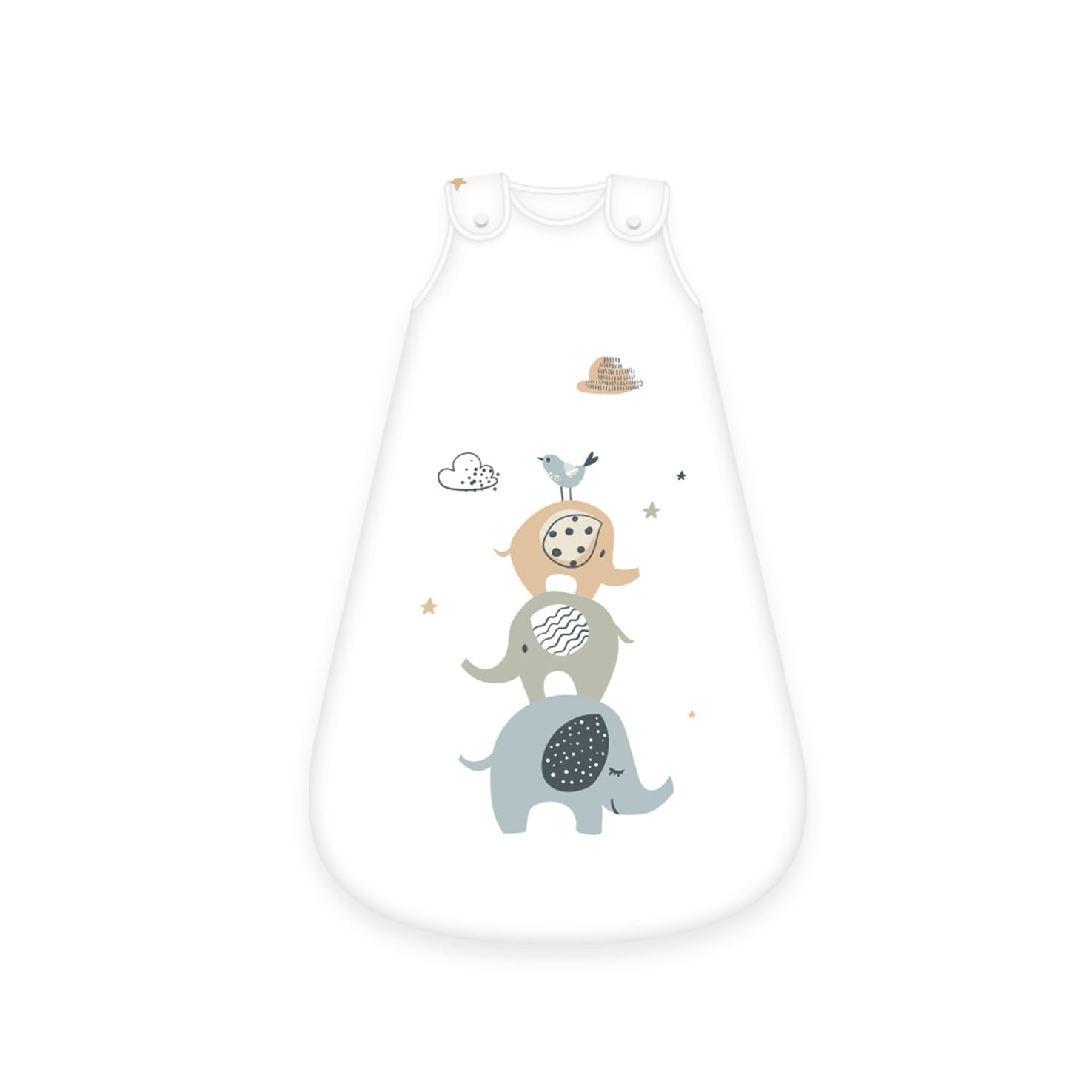 Herding babybest® Ganzjahres-Schlafsack für Babys Elephants Baumwolle Vorderseite. Motiv mit drei übereinander gestapelten Elefanten.