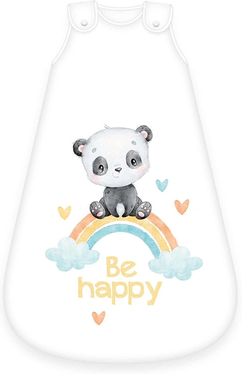 Herding Ganzjahres-Schlafsack für Babys Regenbogen Panda Baumwolle. Baby Panda sitzt auf einem bunten Regenbogen, umgeben von kleinen, bunten Herzen. Darunter befindet sich der Schriftzug "Be happy".