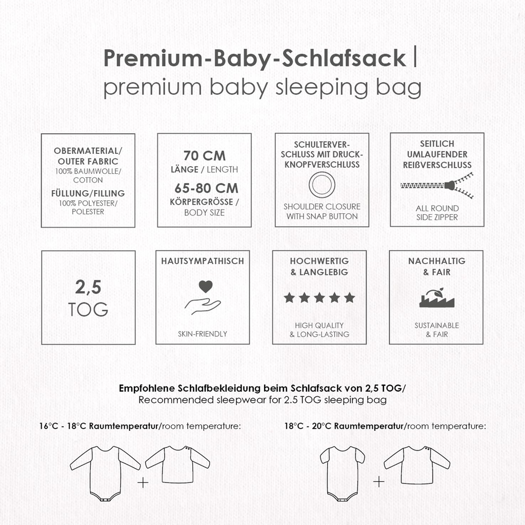 Produkteigenschaften und Warnhinweise des Schlafsacks 70 cm Länge