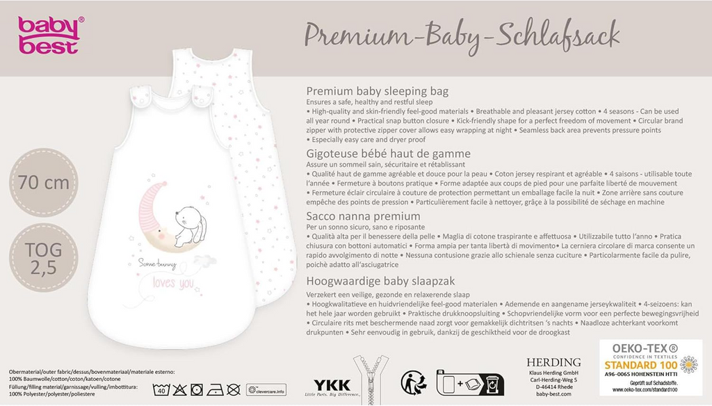 Herding Little Bunny Hase Ganzjahres-Schlafsack für Babys Baumwolle Rückseite der Produktverpackung mit diversen Informationen.