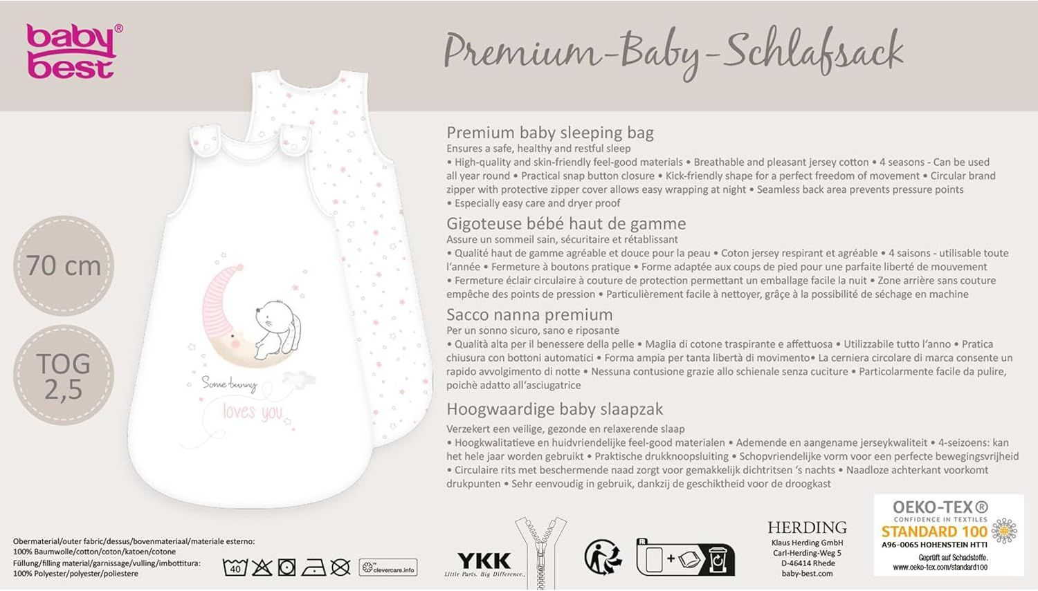 Herding Little Bunny Hase Ganzjahres-Schlafsack für Babys Baumwolle Rückseite der Produktverpackung mit diversen Informationen.