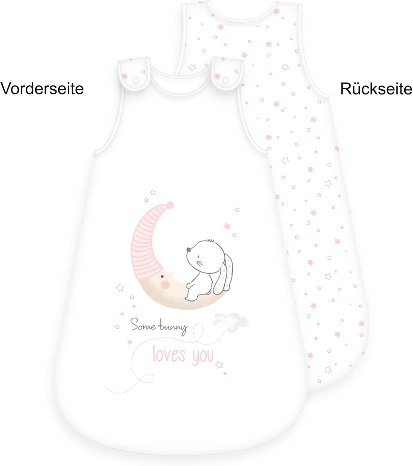 Herding Little Bunny Hase Ganzjahres-Schlafsack für Babys Baumwolle. Das süße Motiv zeigt ein kleines Häschen auf einer Mondsichel mit der Aufschrift „Some bunny loves you“, ergänzt durch ein verspieltes Sternen-Motiv auf der Rückseite.