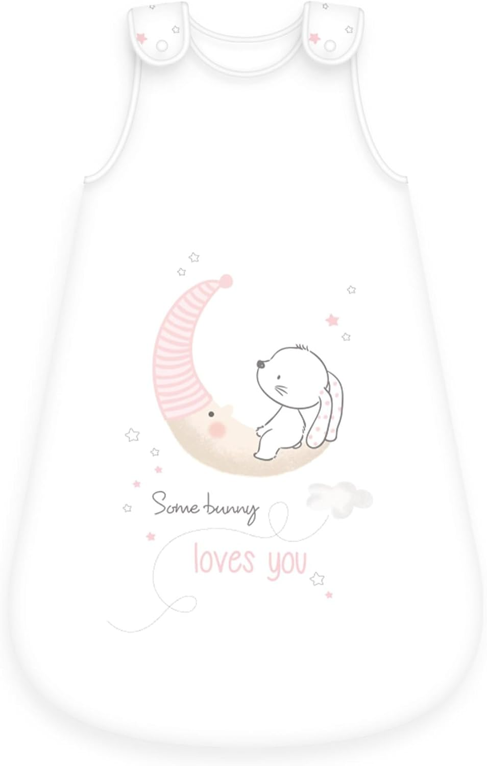 Herding Little Bunny Hase Ganzjahres-Schlafsack für Babys Baumwolle Vorderseite und Rückseite. Das süße Motiv zeigt ein kleines Häschen auf einer Mondsichel mit der Aufschrift „Some bunny loves you“