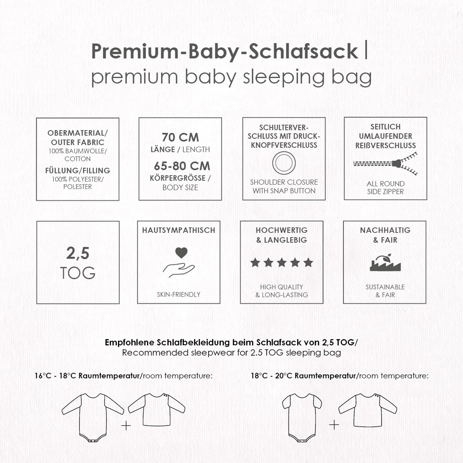 Produkteigenschaften und Warnhinweise des Schlafsacks 70 cm Länge