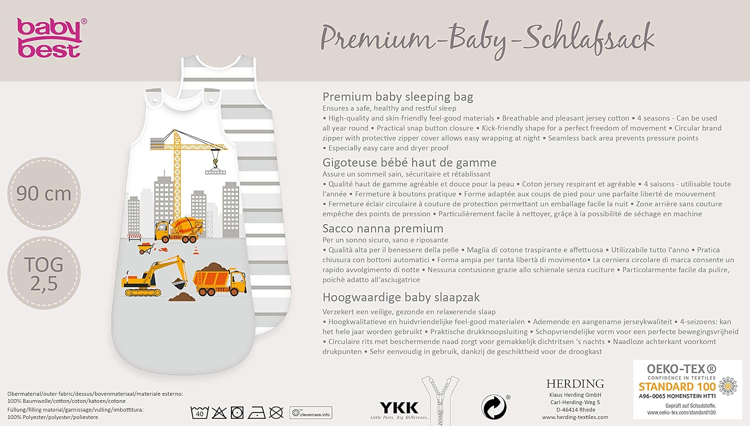Herding babybest® Baustelle Ganzjahres-Schlafsack für Babys Baumwolle Rückseite der Produktverpackung mit diversen Informationen.