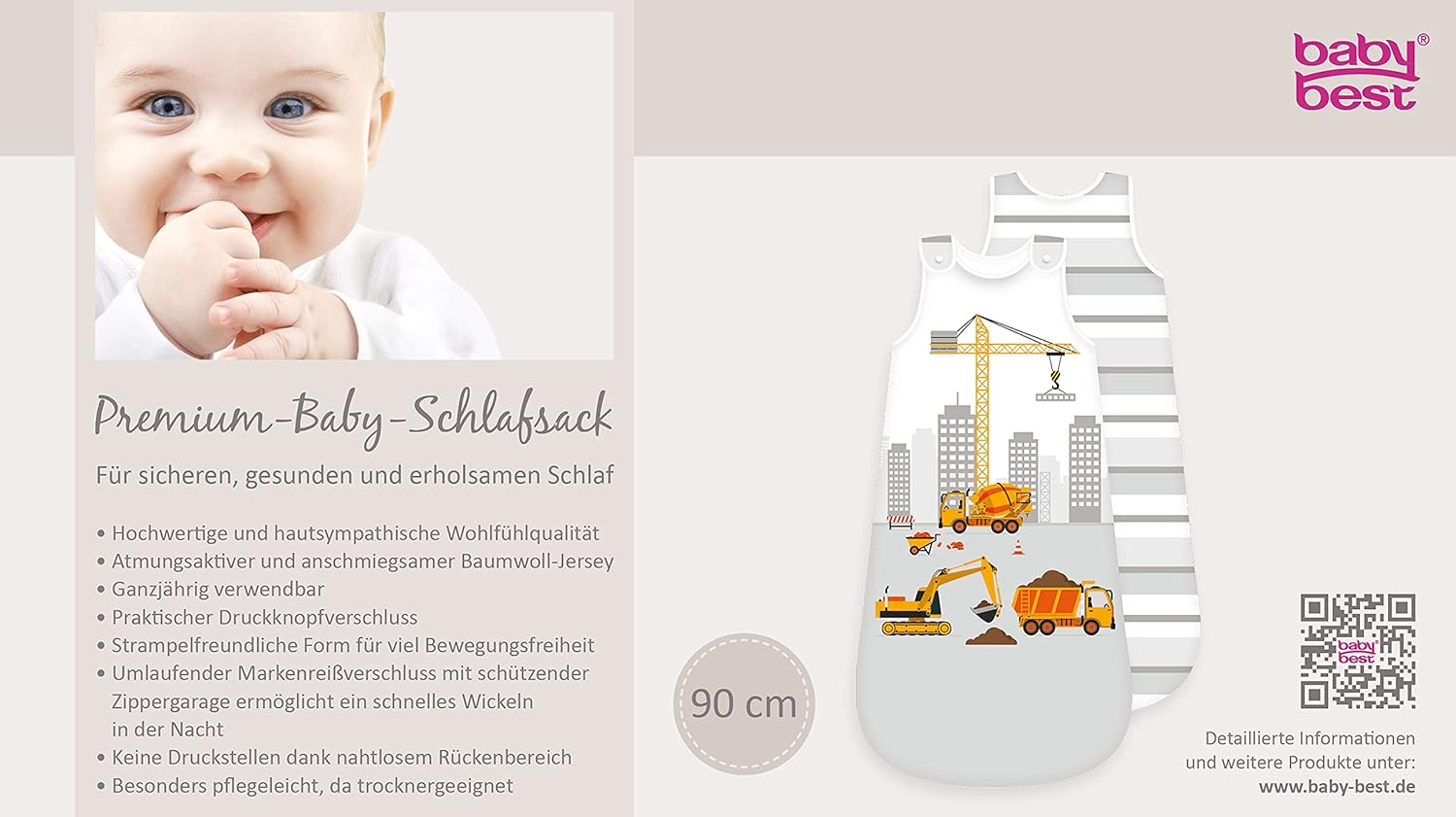 Herding babybest® Baustelle Ganzjahres-Schlafsack für Babys Baumwolle Vorderseite der Produktverpackung mit diversen Informationen.