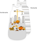 Herding babybest® Baustelle Ganzjahres-Schlafsack für Babys Baumwolle Vorderseite und Rückseite. Motiv mit Kran, Bagger und Betonmischer. Im Hintergrund befinden sich Hochhäuser. Die Rückseite hat Grau-weiße Streifen.