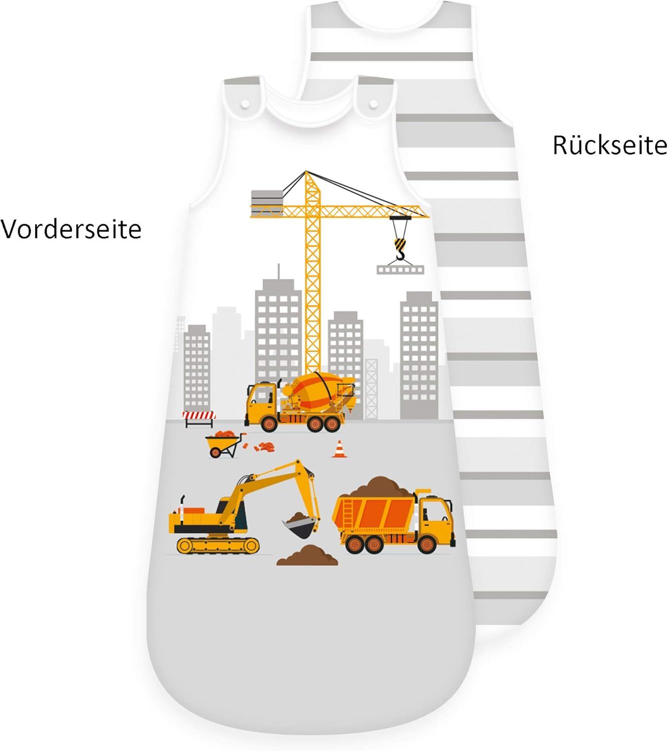Herding babybest® Baustelle Ganzjahres-Schlafsack für Babys Baumwolle Vorderseite und Rückseite. Motiv mit Kran, Bagger und Betonmischer. Im Hintergrund befinden sich Hochhäuser. Die Rückseite hat Grau-weiße Streifen.