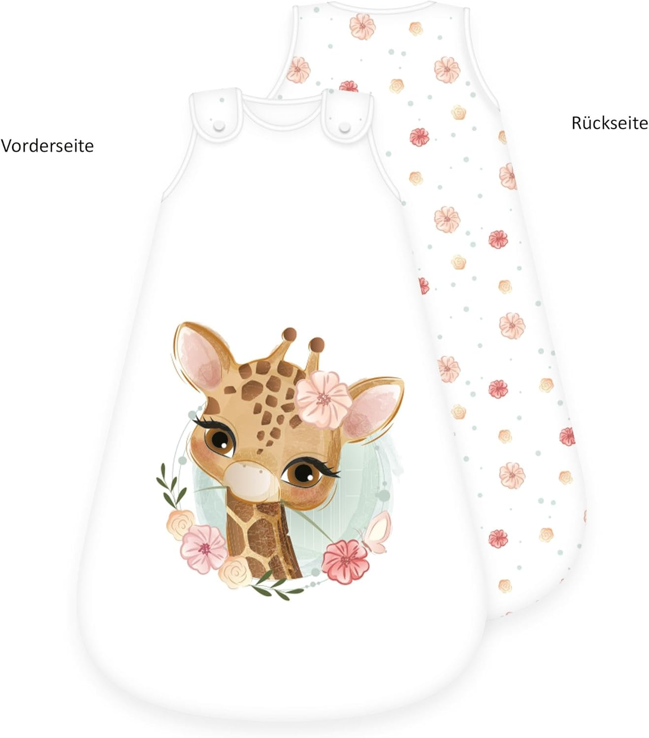 Herding babybest® Giraffe Ganzjahres-Schlafsack für Babys Baumwolle Vorderseite und Rückseite. Giraffe mit Blumen auf der Vorderseite und ein passendes Allover-Blumenmuster auf der Rückseite.