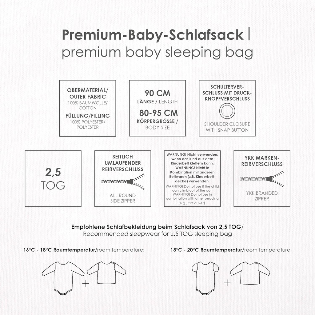 Produkteigenschaften und Warnhinweise des Schlafsacks 90 cm Länge